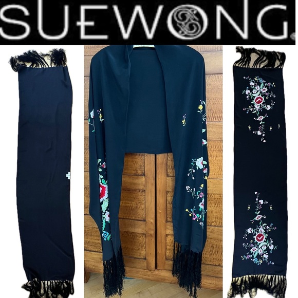 🏴💐100% Silk Shawl Floral Embroidered by Sue Wong | Black | 51”x18” + Fringe - Picture 17 of 17